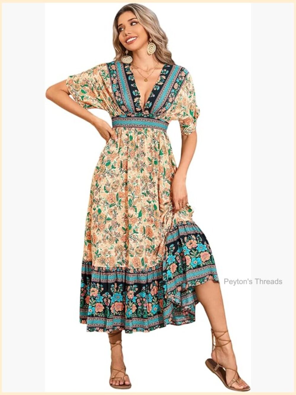 Boho Floral Midi Dress with Pockets Deep V-Neck Flowy Beach Dress